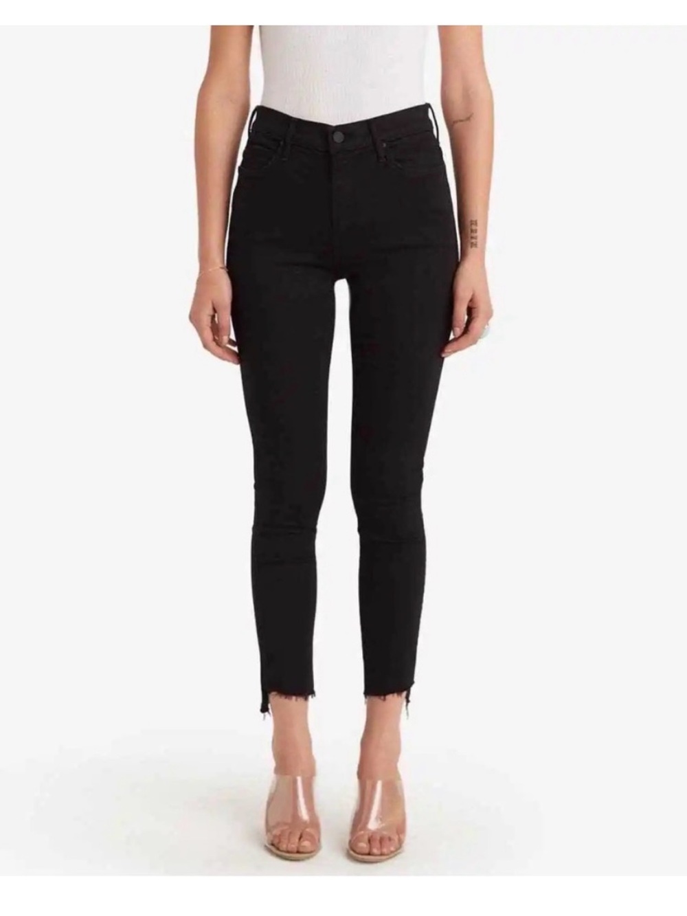 MOTHER Black Skinny Jeans with Frayed Ankles